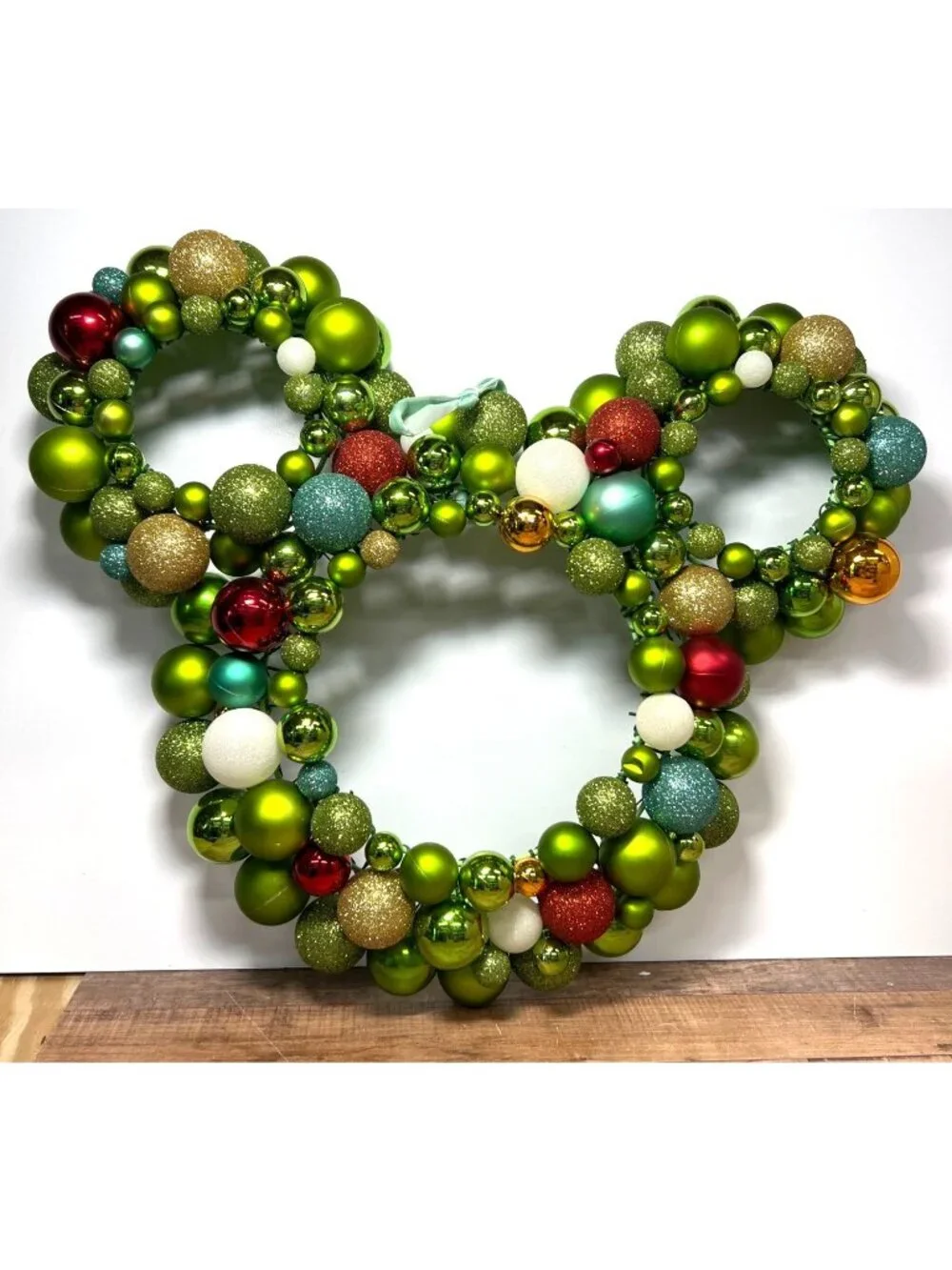 Christmas Ornament Wreath In Green Red & Gold Mickey Mouse Shape Home Wall Decor